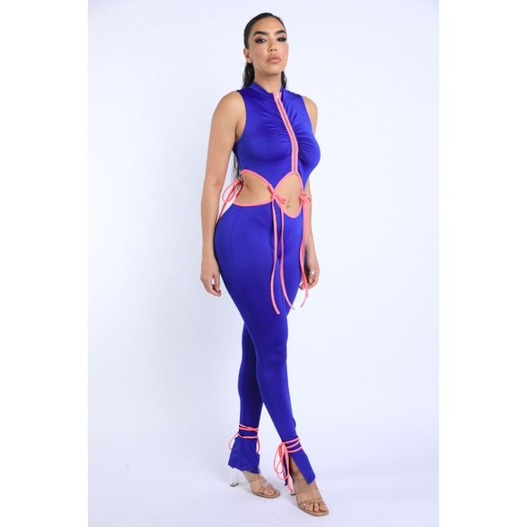 Hollow Out Patchwork Women String Tie Jumpsuit Zipper Sleeveless Bodycon - Picture 9 of 10